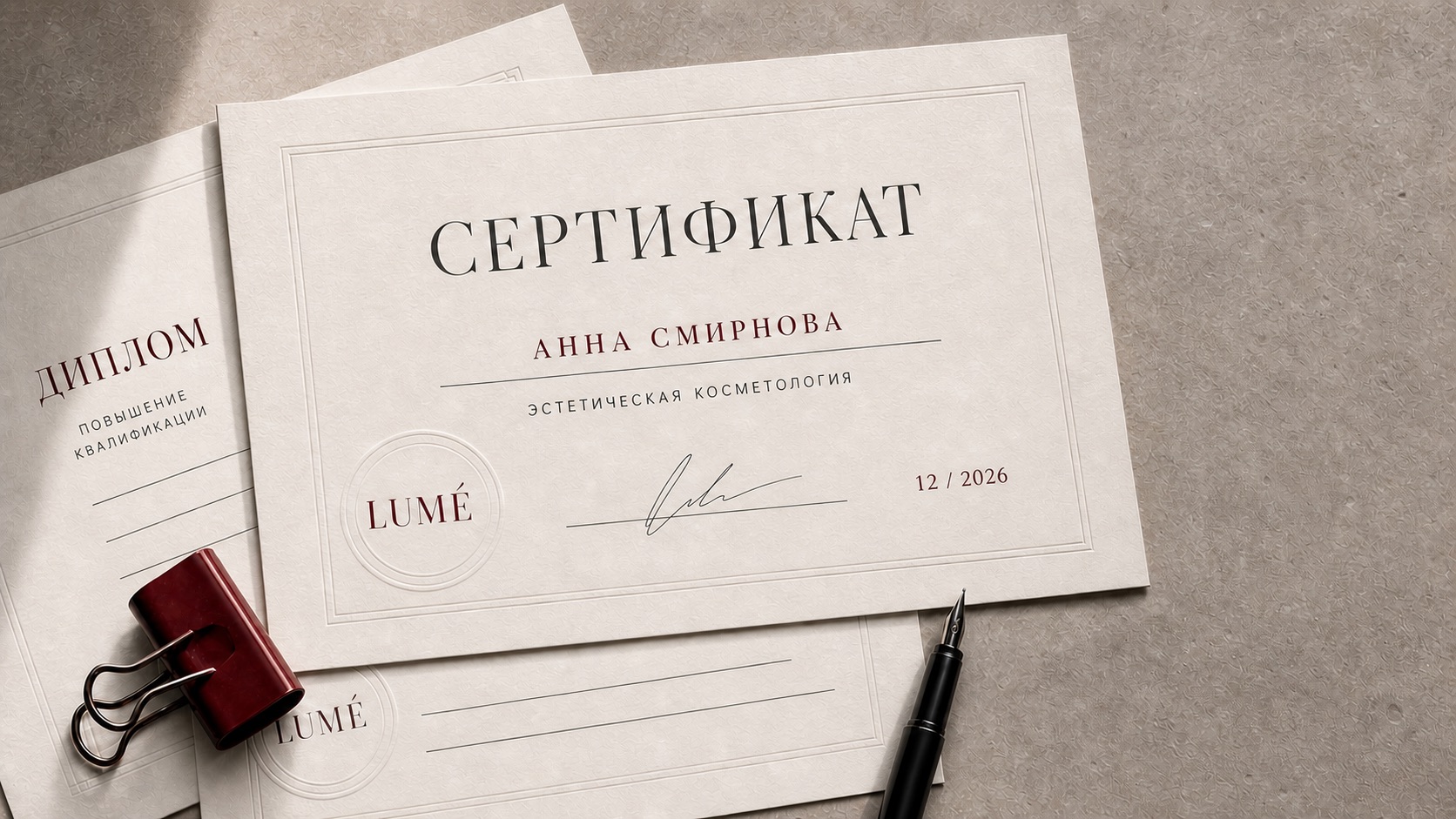 Сертификаты профессиональной подготовки мастеров LUMÉ